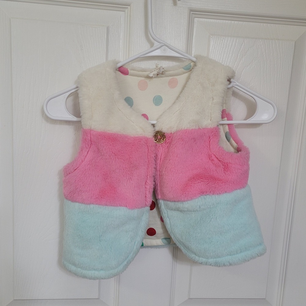 Matilda Jane Girls Colorblock Faux Fur Vest Pink Blue Cream Polka Dot Size 6